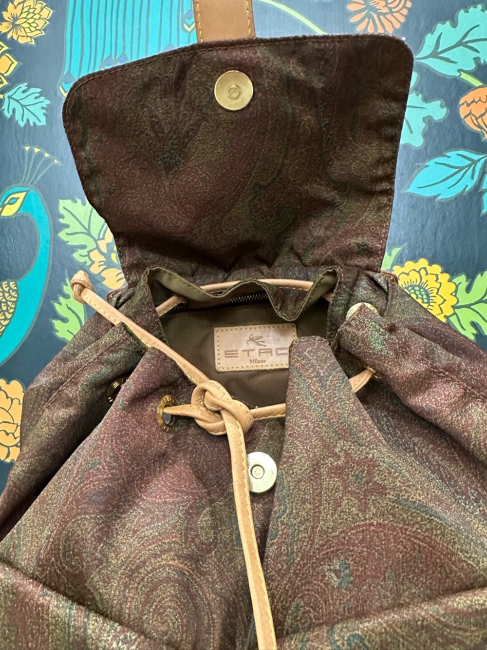 Etro Milano Vintage Paisley Backpack Leather Trim Boho Luxury Italy - Picture 8 of 13
